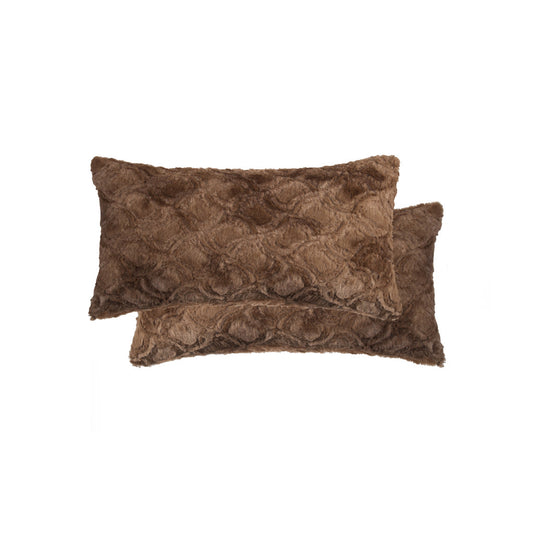 Set of Two 12" X 20" Brown Faux Fur Lumbar Throw Pillows - Loft&Timber