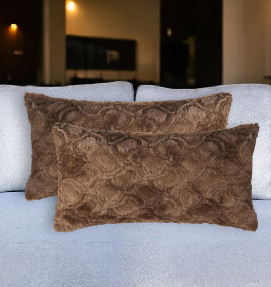Set of Two 12" X 20" Brown Faux Fur Lumbar Throw Pillows - Loft&Timber