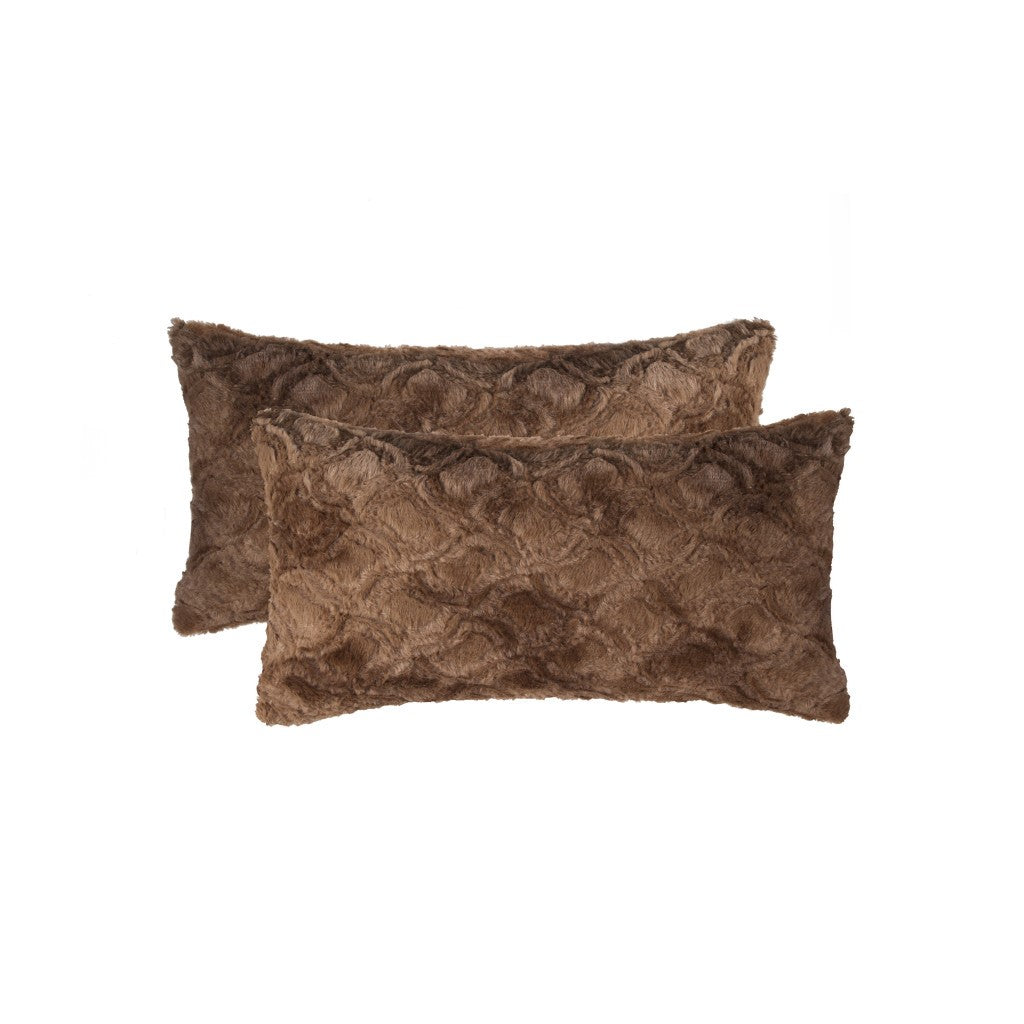 Set of Two 12" X 20" Brown Faux Fur Lumbar Throw Pillows - Loft&Timber
