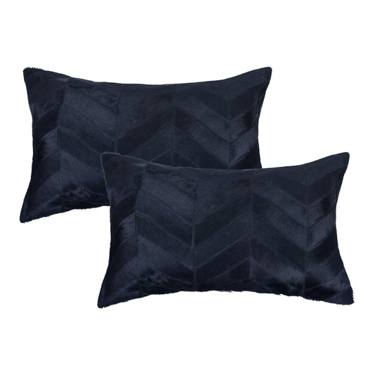 Set of Two 12" X 20" Black Lumbar Chevron Cowhide Throw Pillows - Loft&Timber