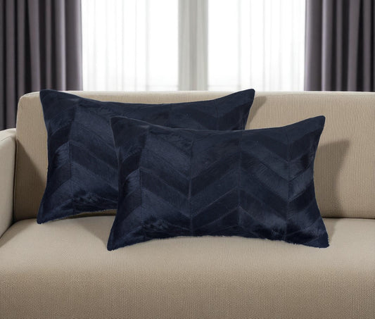 Set of Two 12" X 20" Black Lumbar Chevron Cowhide Throw Pillows - Loft&Timber