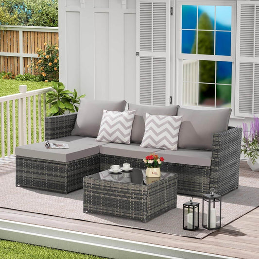 3 Pieces Patio Furniture Set All-Weather Outdoor Wicker Sectional Conversation Sofa Rattan Patio Sofa W/Cushion & Glass Table,Patio Conversation Set,Backyard Furniture for Porch (Light Gray) - Loft&Timber