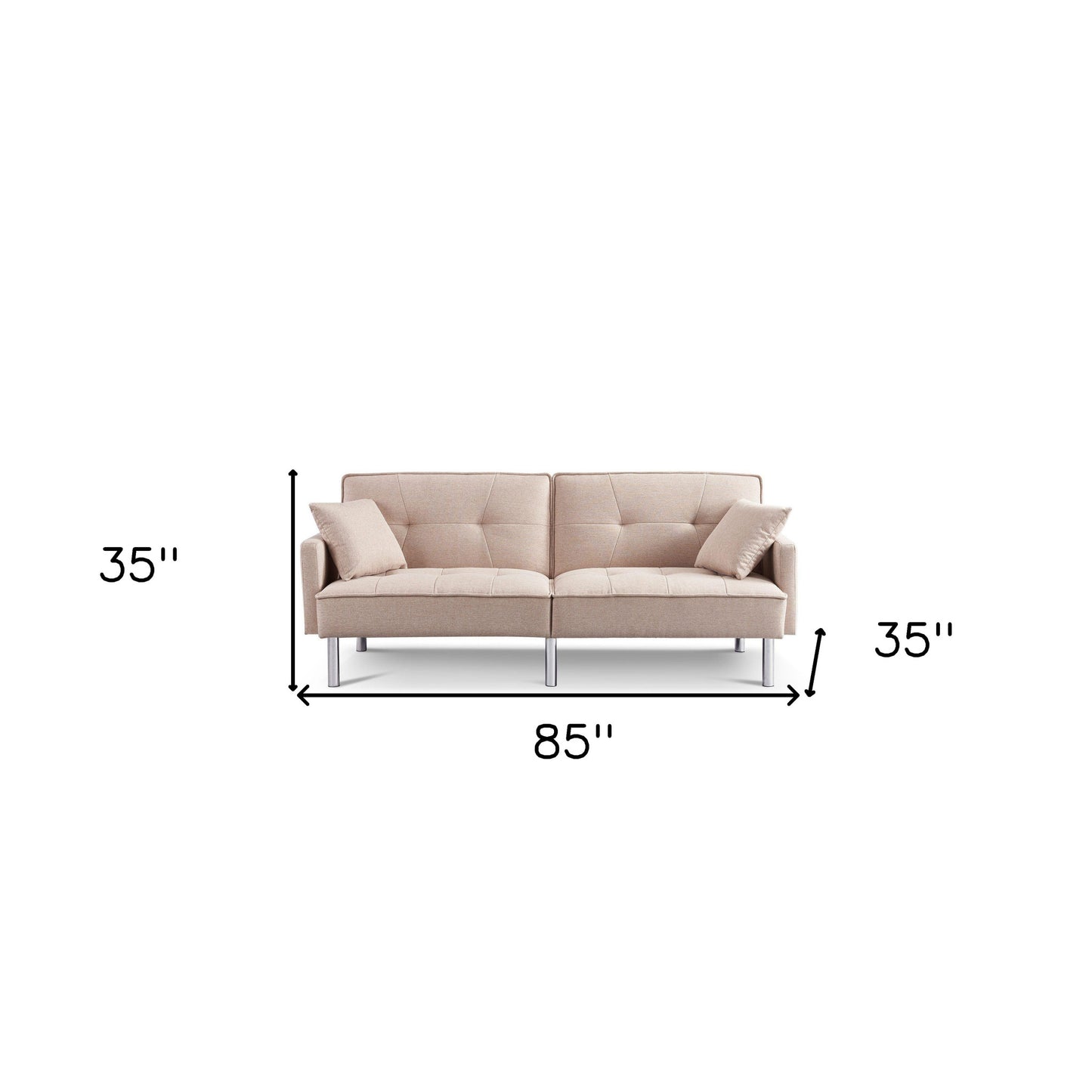 85" Beige Polyester Blend Convertible Futon Sleeper Sofa And Toss Pillows With Silver Legs - Loft&Timber