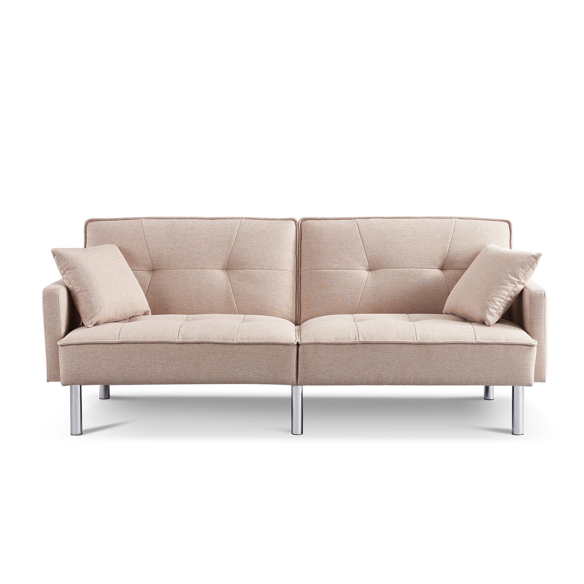 85" Beige Polyester Blend Convertible Futon Sleeper Sofa And Toss Pillows With Silver Legs - Loft&Timber