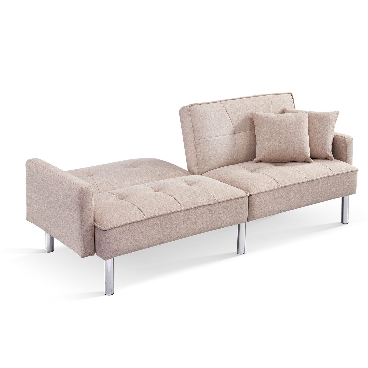 85" Beige Polyester Blend Convertible Futon Sleeper Sofa And Toss Pillows With Silver Legs - Loft&Timber