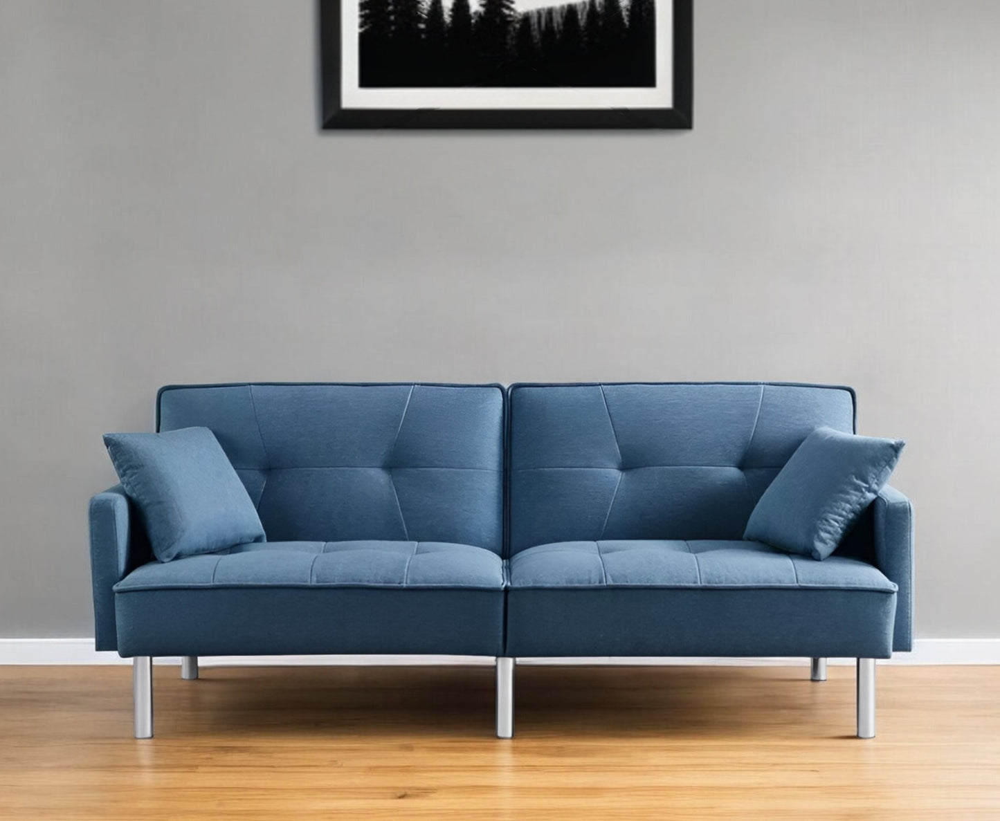 85" Blue Polyester Blend Convertible Futon Sleeper Sofa And Toss Pillows With Silver Legs - Loft&Timber