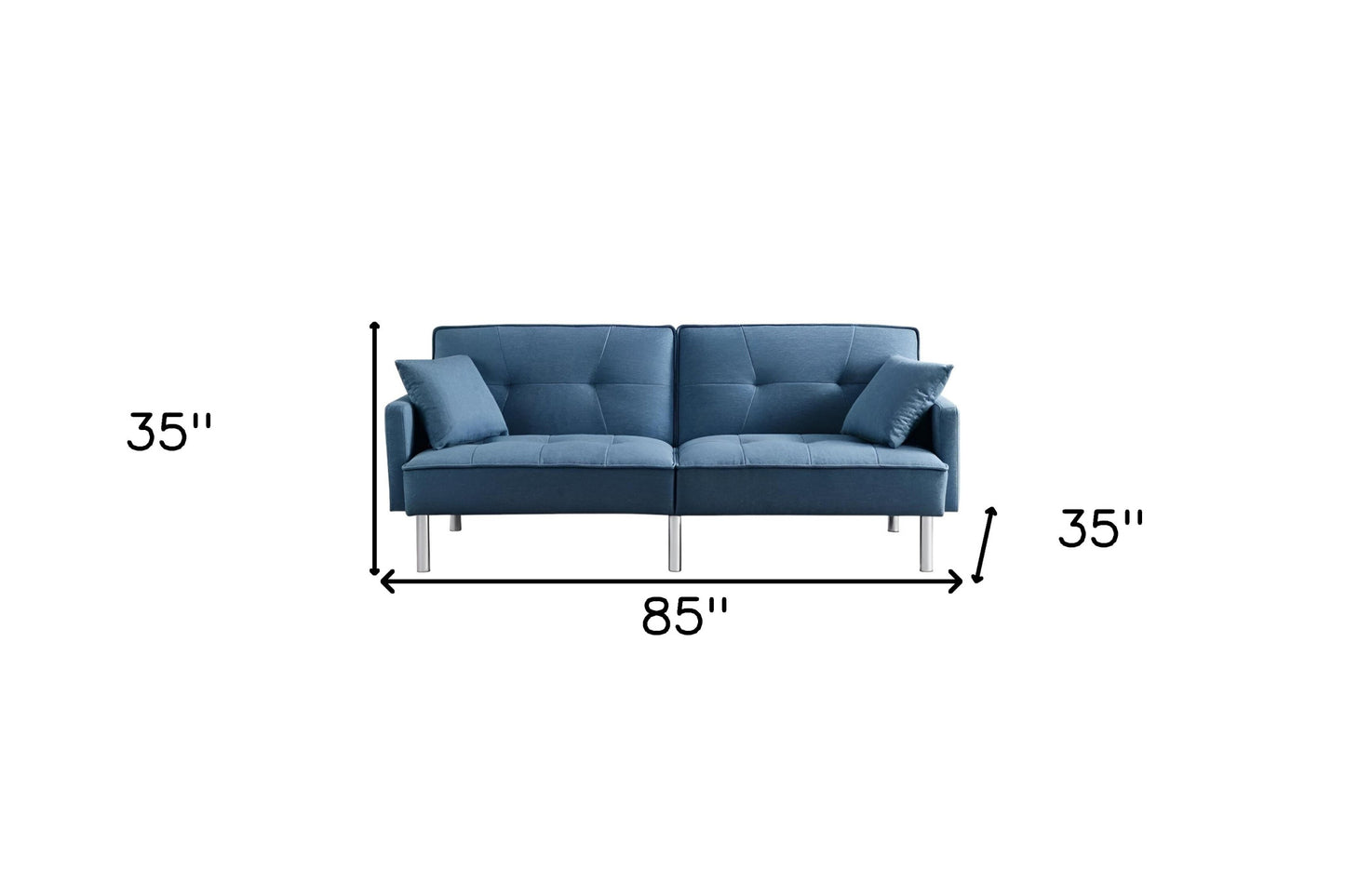 85" Blue Polyester Blend Convertible Futon Sleeper Sofa And Toss Pillows With Silver Legs - Loft&Timber