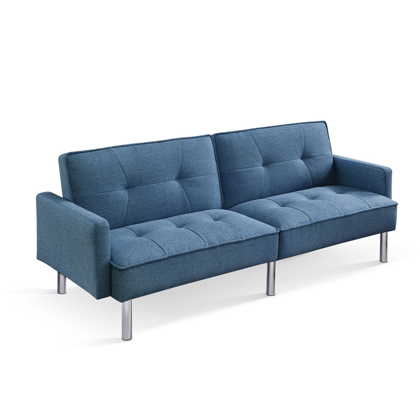 85" Blue Polyester Blend Convertible Futon Sleeper Sofa And Toss Pillows With Silver Legs - Loft&Timber