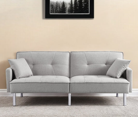 85" Light Gray Polyester Blend Convertible Futon Sleeper Sofa And Toss Pillows With Silver Legs - Loft&Timber