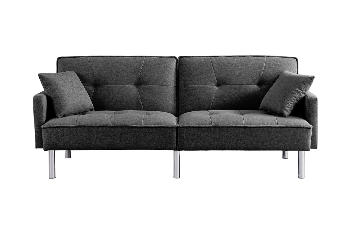 85" Dark Gray Polyester Blend Convertible Futon Sleeper Sofa And Toss Pillows With Silver Legs - Loft&Timber