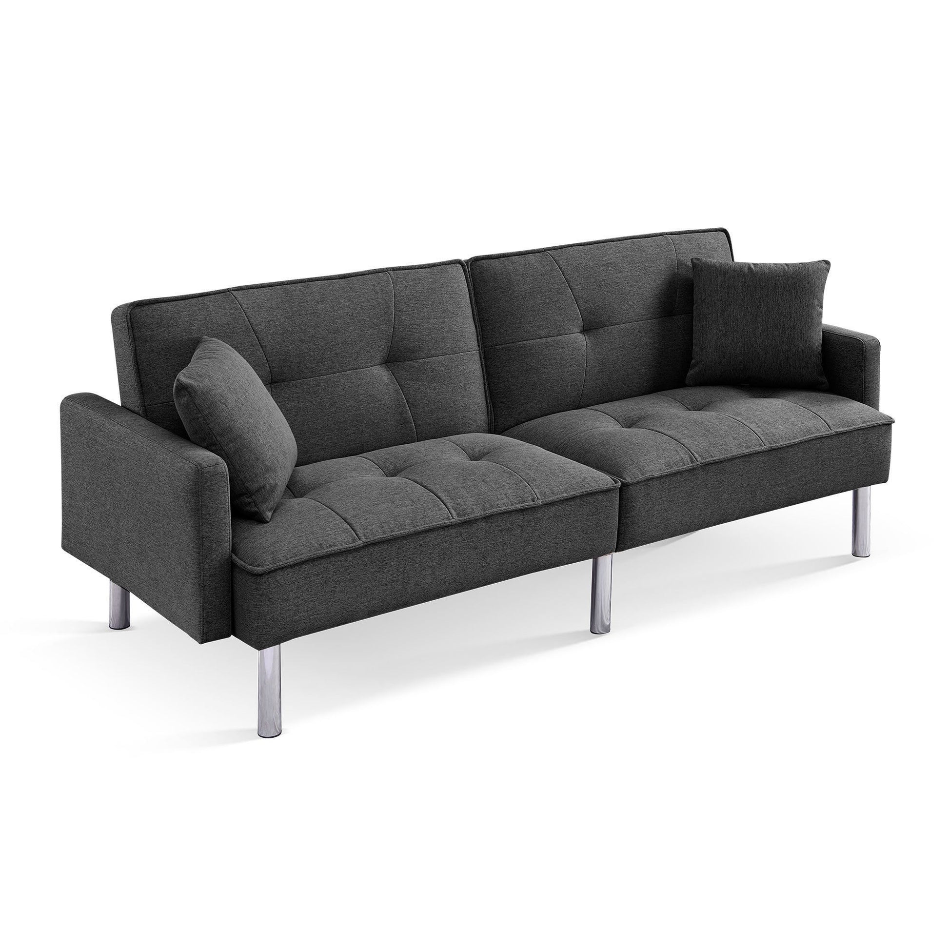 85" Dark Gray Polyester Blend Convertible Futon Sleeper Sofa And Toss Pillows With Silver Legs - Loft&Timber