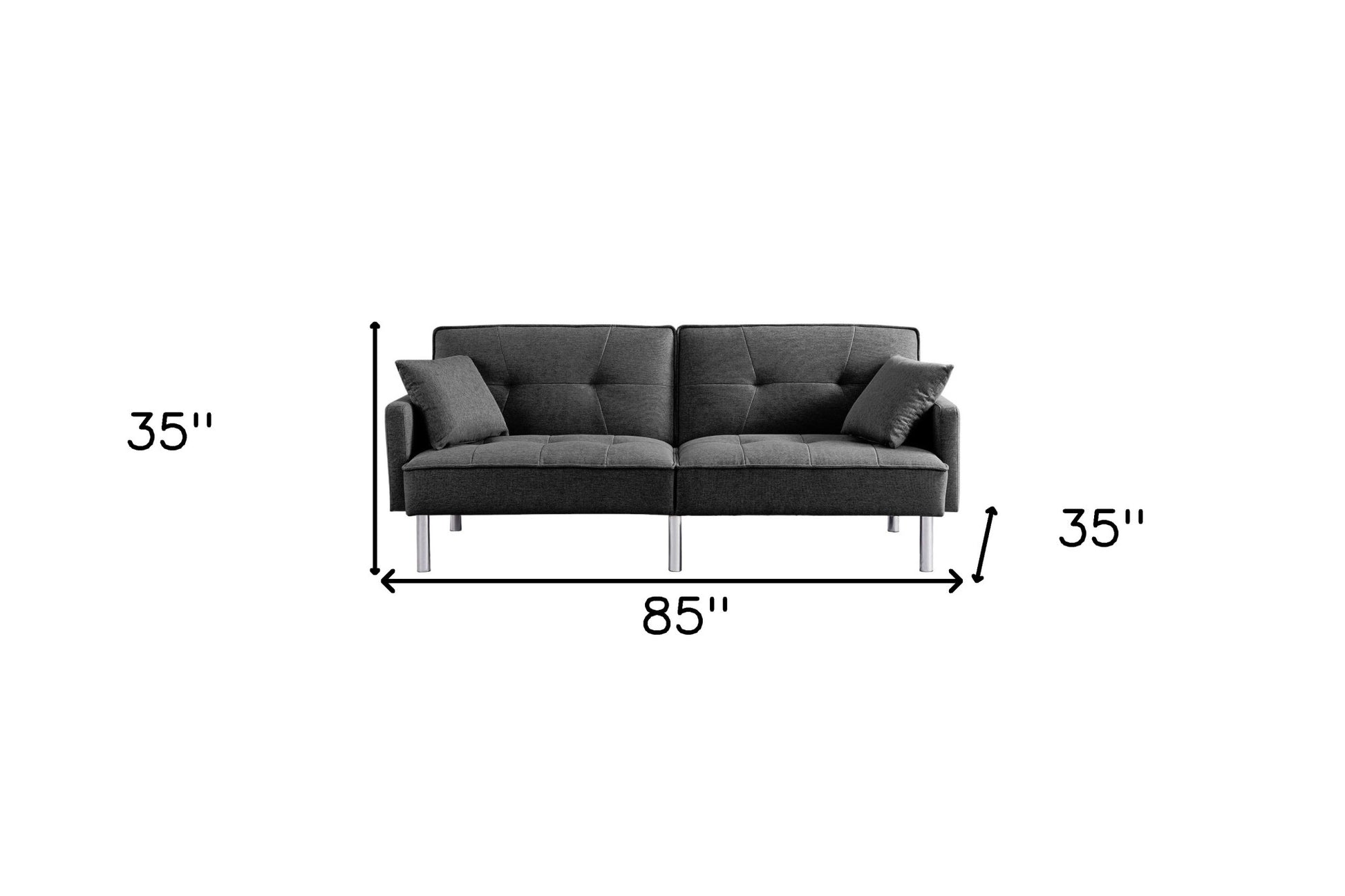 85" Dark Gray Polyester Blend Convertible Futon Sleeper Sofa And Toss Pillows With Silver Legs - Loft&Timber