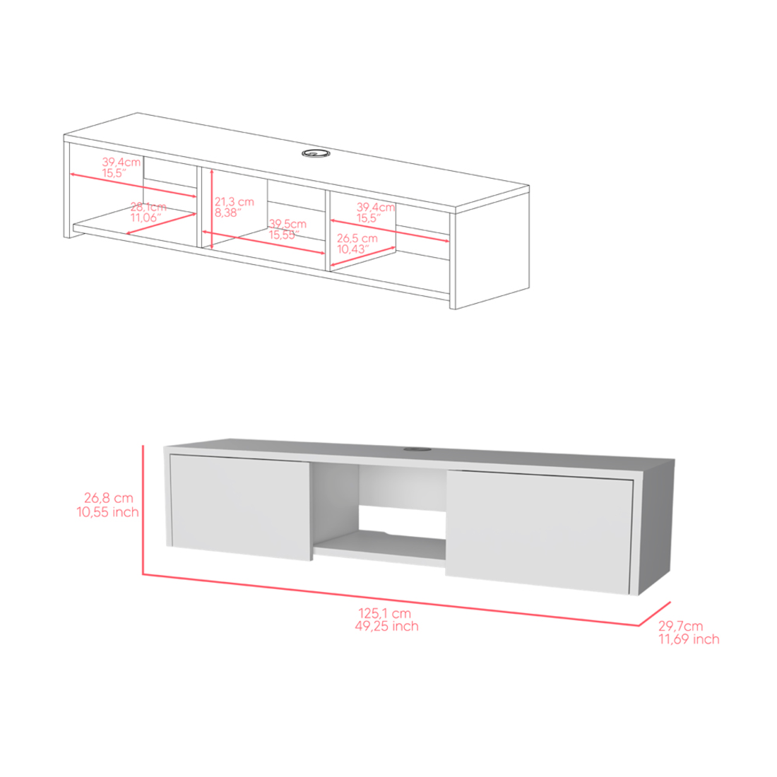 49" White Floating Mount TV Stand - Loft&Timber