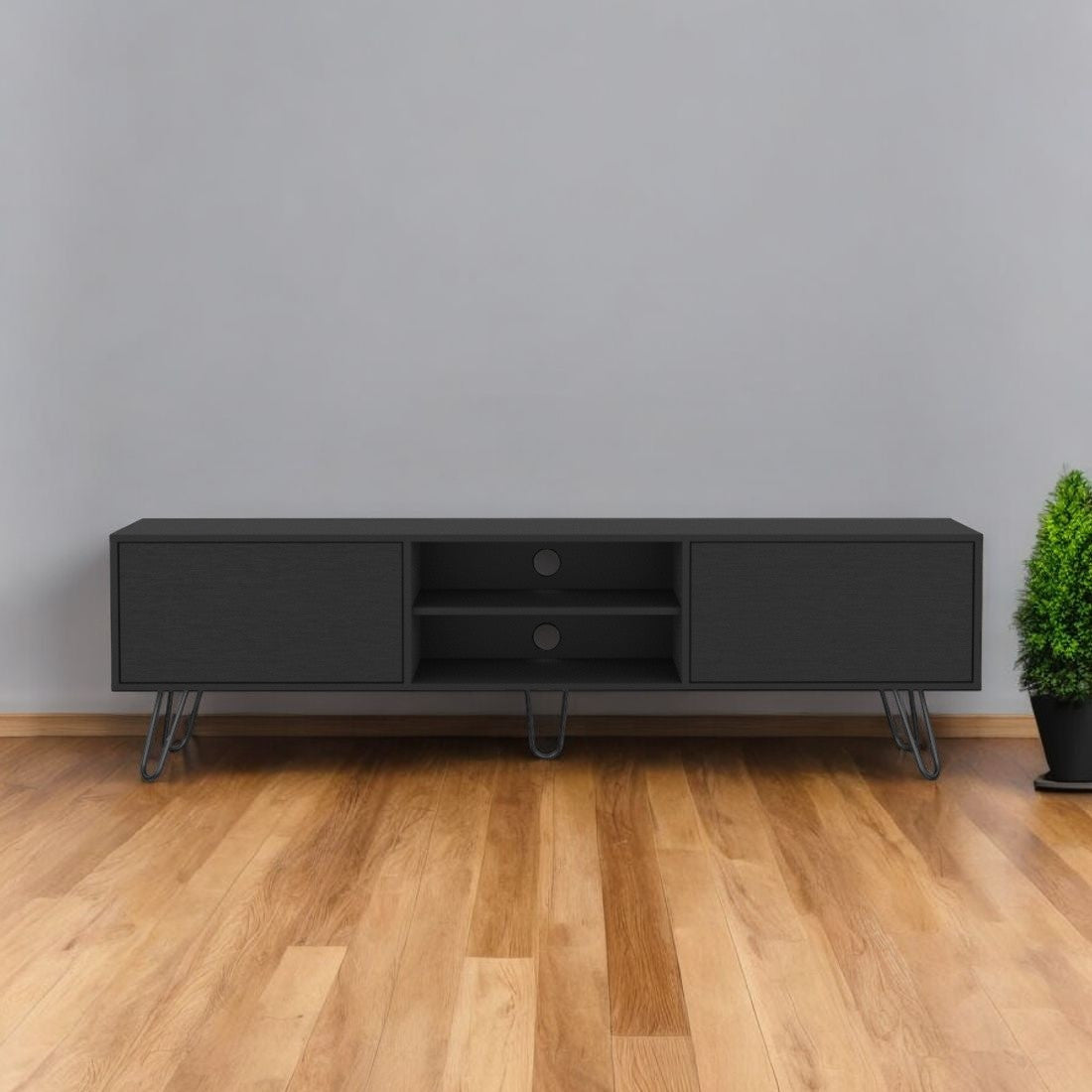 71" Black Wood Enclosed And Open Storage TV Stand-0