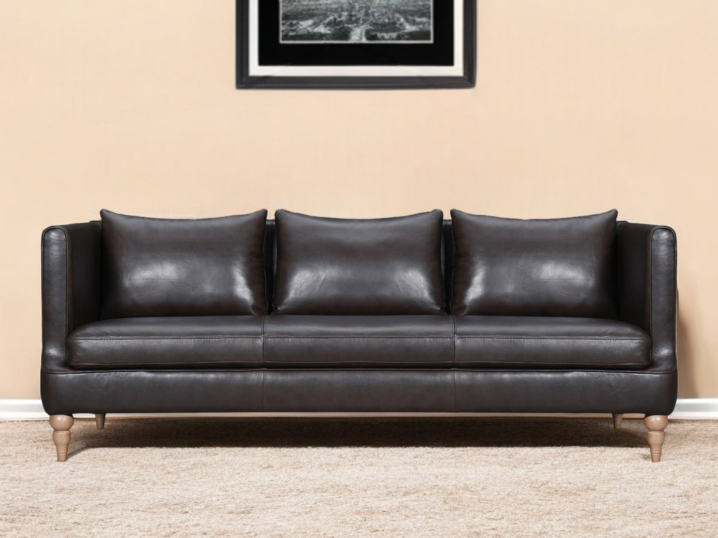 85" Dark Brown Leather Sofa With Brown Legs-0