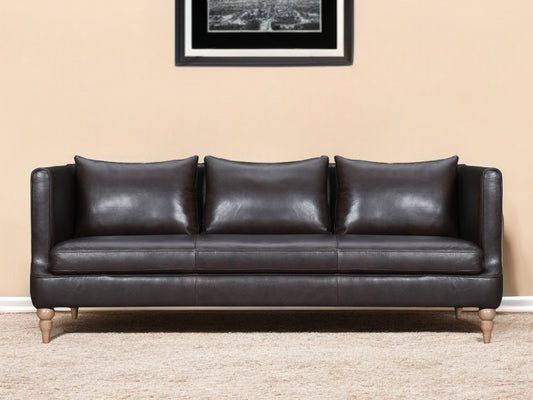 85" Dark Brown Leather Sofa With Brown Legs-0