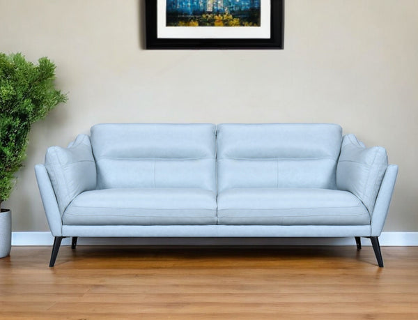 87" Sky Blue Leather Sofa With Black Legs-0