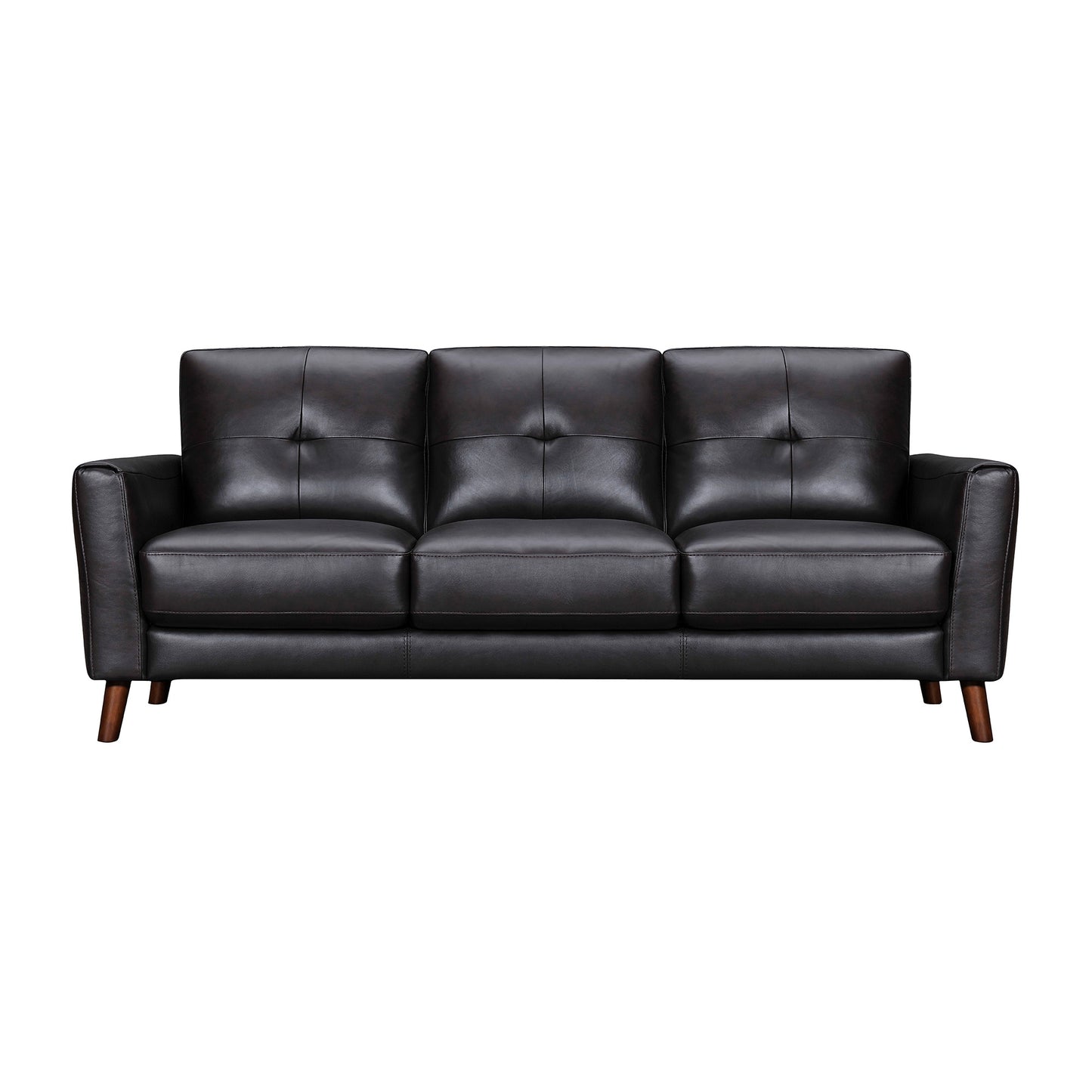 82" Black Leather Sofa With Brown Legs-1