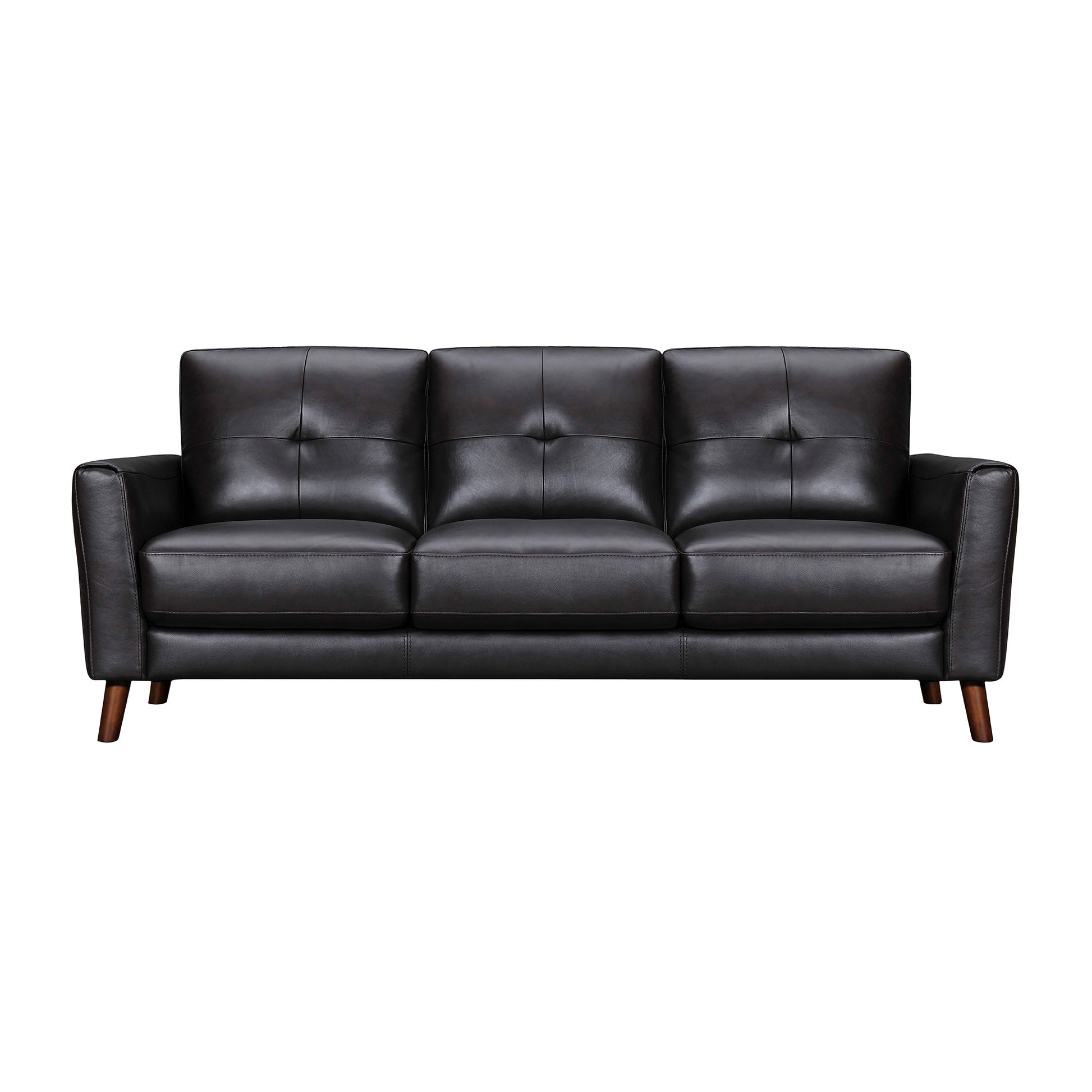 82" Black Leather Sofa With Brown Legs-1
