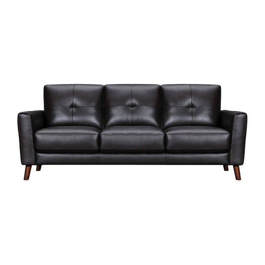 82" Black Leather Sofa With Brown Legs-1