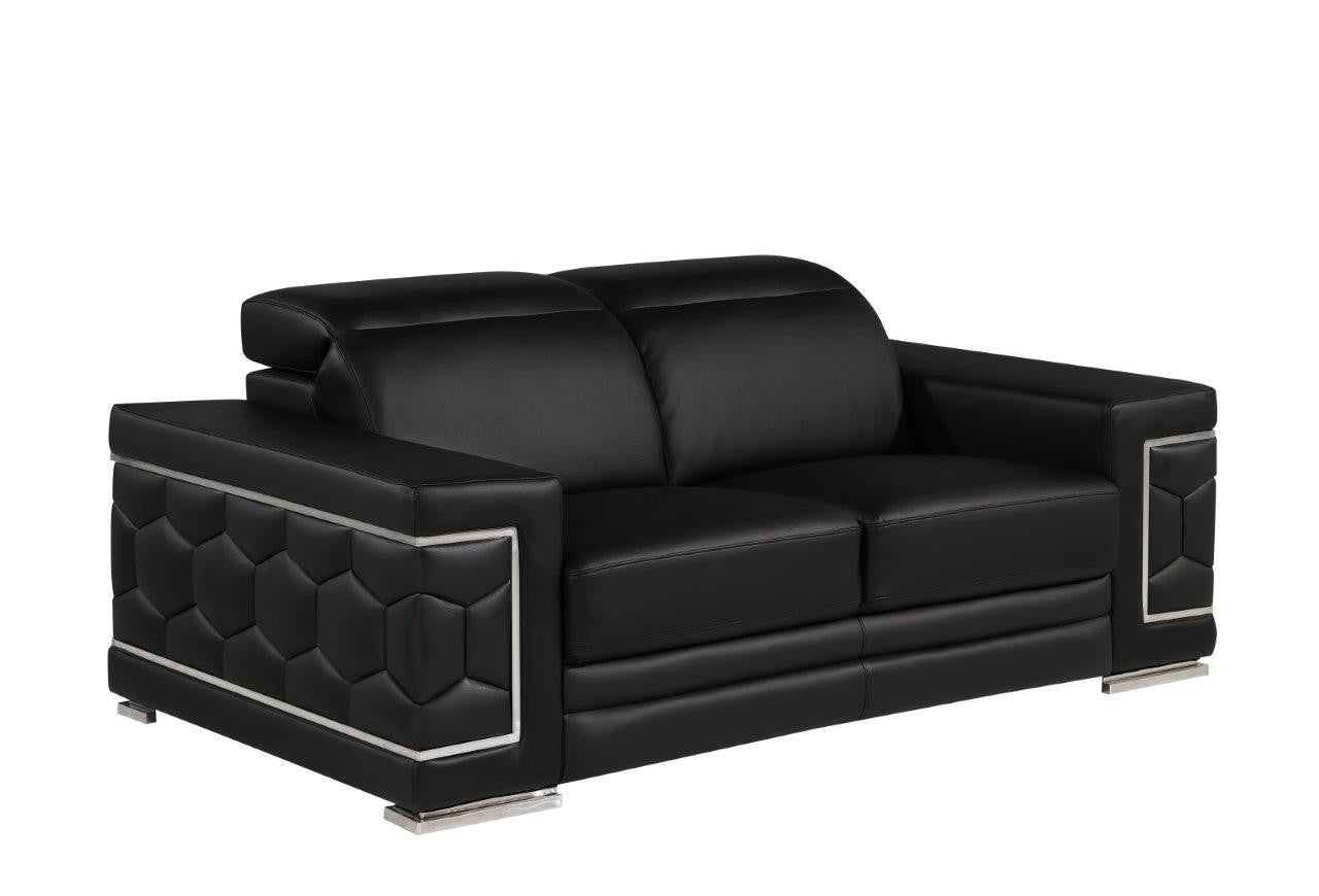 71" Black And Silver Genuine Leather Loveseat - Loft&Timber