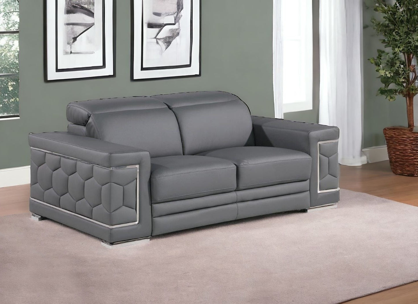 71" Gray And Silver Genuine Leather Loveseat - Loft&Timber