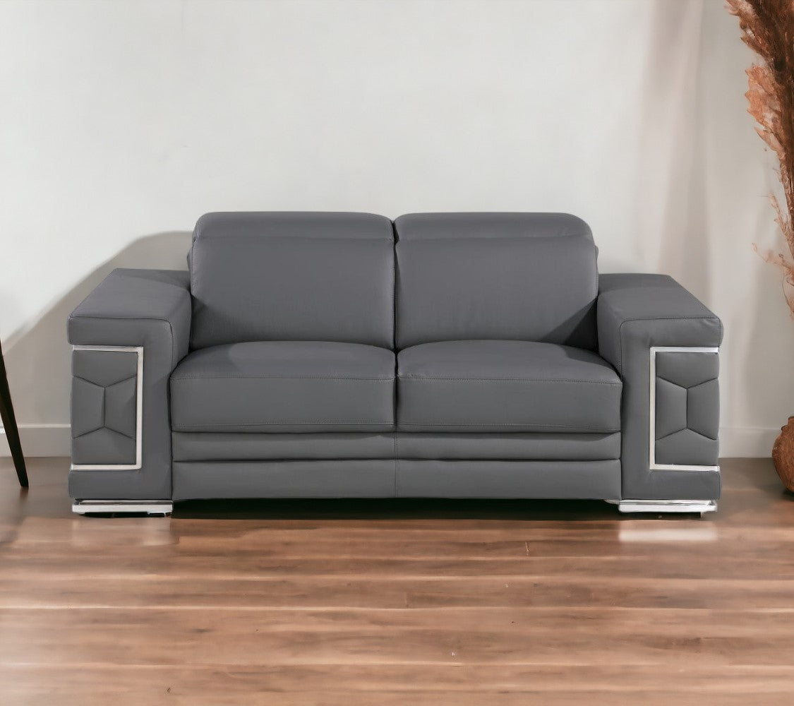 71" Gray And Silver Genuine Leather Loveseat - Loft&Timber