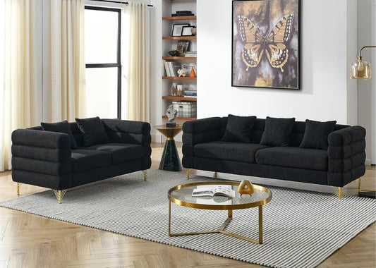 Sofa, 2 Pieces Sofa Set,Oversize 2/3 Seater Extra Deep Seat Sofa,Modern Upholstered Futon Sofa Couch, Comfy Teddy Bouclé Cloud Sofa,Furniture for Living Room,Bedroom,Office,Apartment(Black)-0