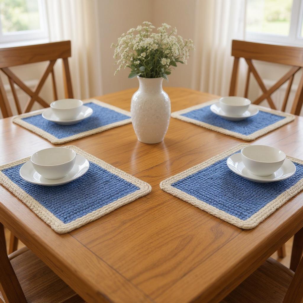 19" Set of Four Blue And Natural Solid With Border Cotton Placemats - Loft&Timber