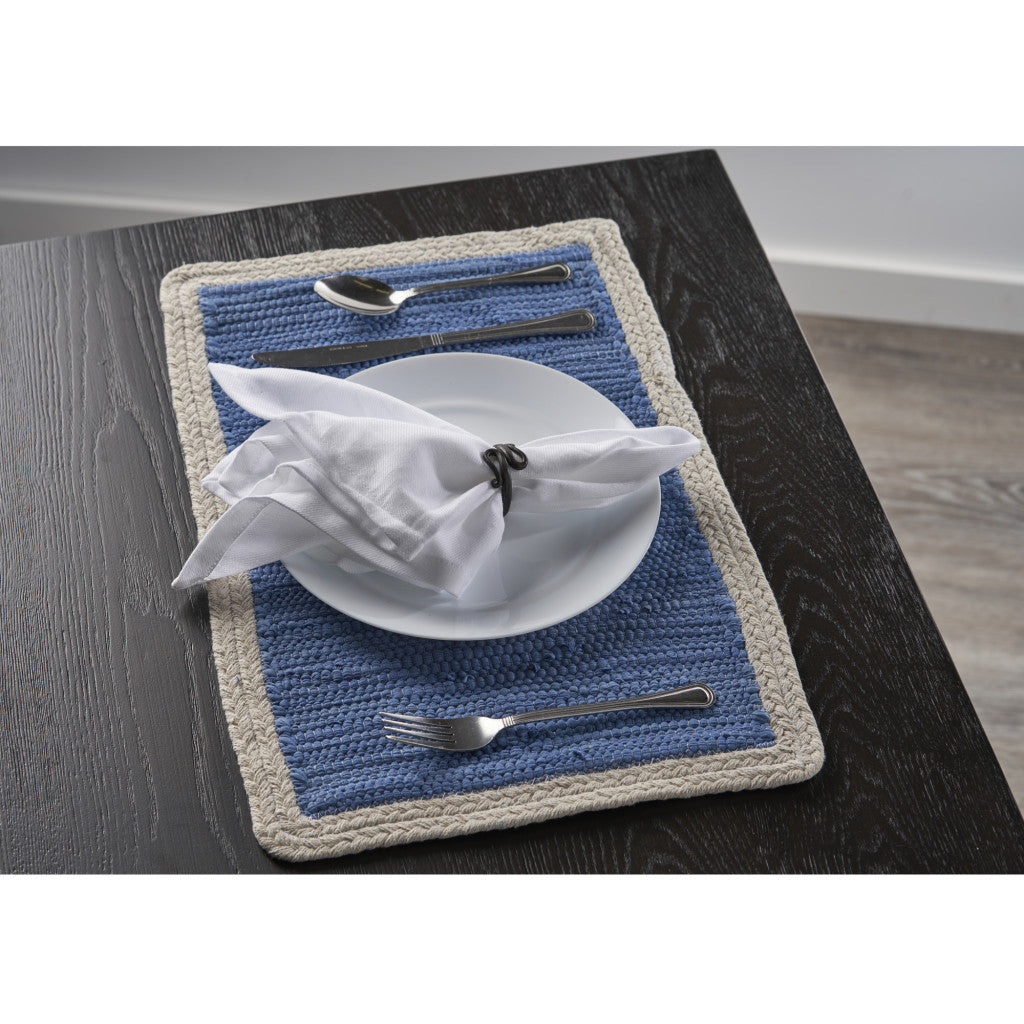 19" Set of Four Blue And Natural Solid With Border Cotton Placemats - Loft&Timber