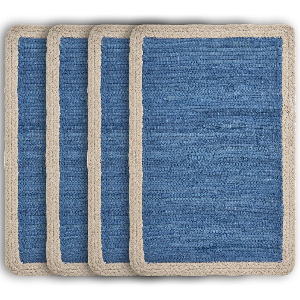 19" Set of Four Blue And Natural Solid With Border Cotton Placemats - Loft&Timber
