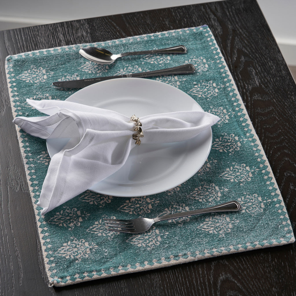19" Set of Four Cream And Turquoise Damask Cotton Placemats - Loft&Timber