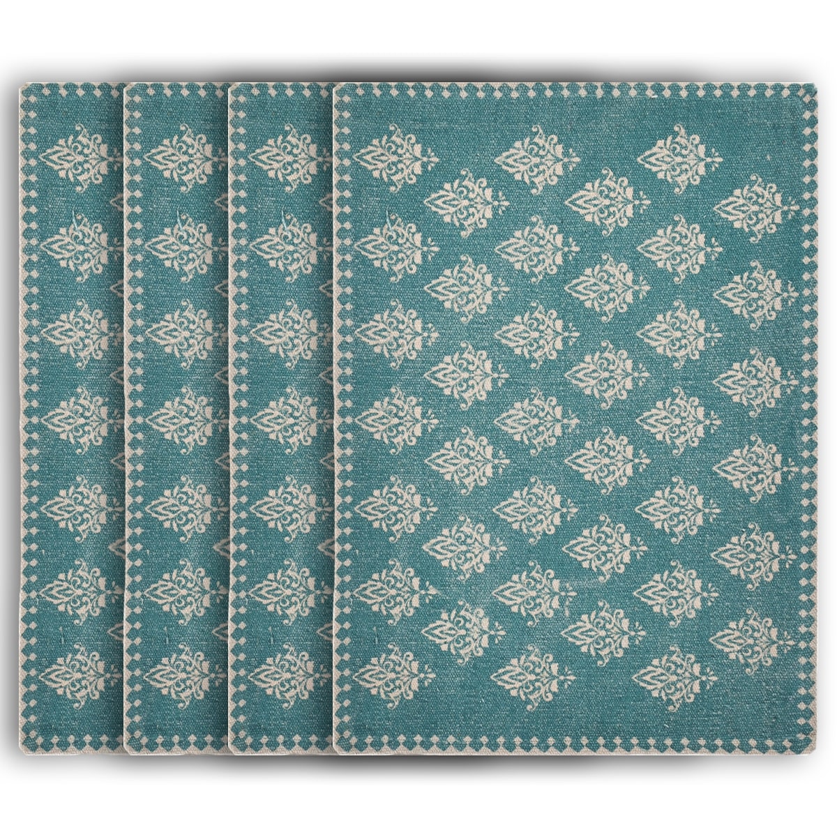 19" Set of Four Cream And Turquoise Damask Cotton Placemats - Loft&Timber