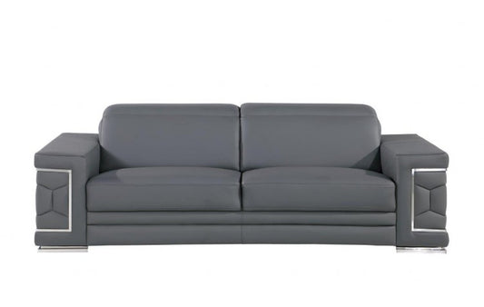 89" Gray Leather Sofa With Silver Legs-1