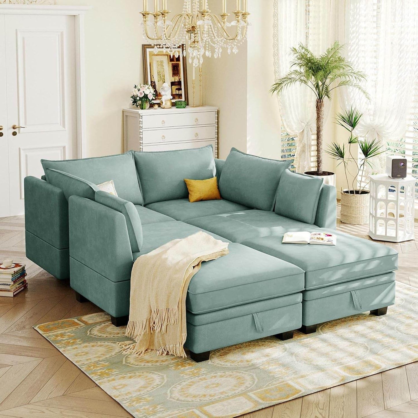 Large U-Shaped Combination Corner Sofa with Storage Seat in Light Green - Loft&Timber