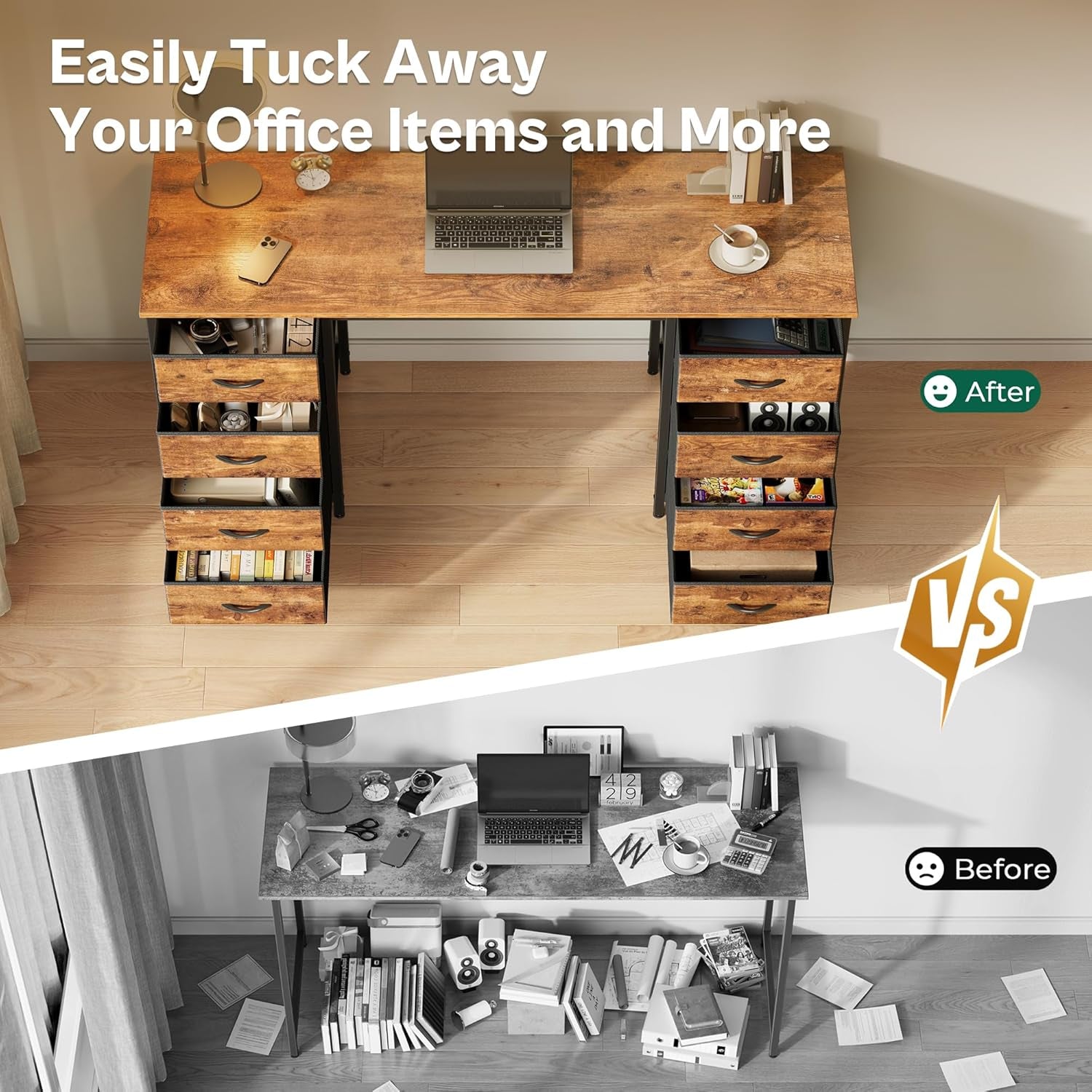 55 Inch Computer Desk with 8 Fabric Drawers, Office Desk Work Desk for Home Office, Study, Gaming Desk with Drawers, Large Storage, Rustic Brown-2