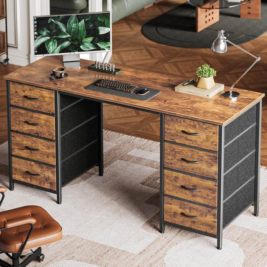 55 Inch Computer Desk with 8 Drawers in Rustic Brown - Loft&Timber