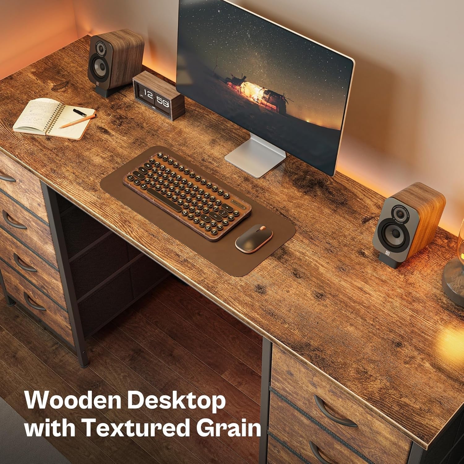 55 Inch Computer Desk with 8 Fabric Drawers, Office Desk Work Desk for Home Office, Study, Gaming Desk with Drawers, Large Storage, Rustic Brown-4