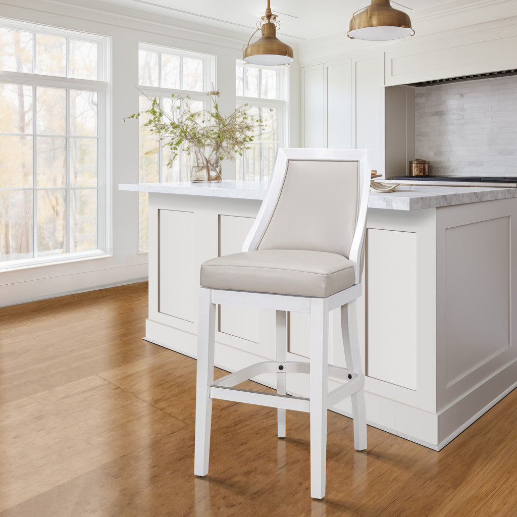 31" Gray And White Faux Leather And Solid Wood Bar Height Swivel Bar Chair - Loft&Timber
