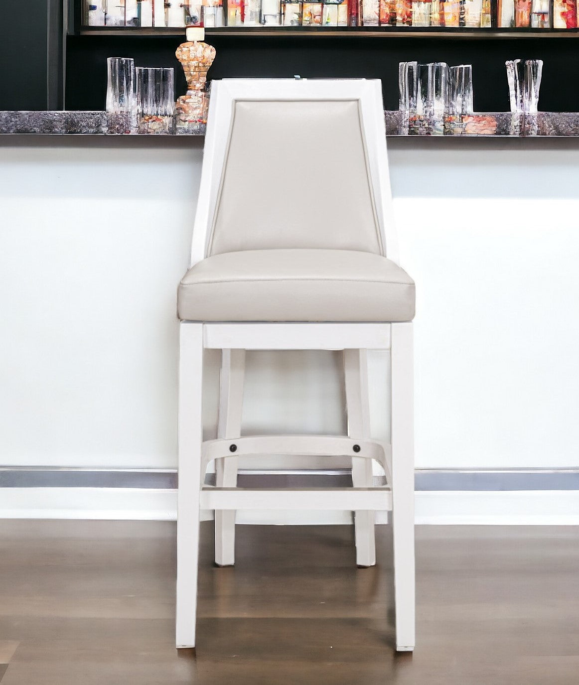 31" Gray And White Faux Leather And Solid Wood Bar Height Swivel Bar Chair - Loft&Timber