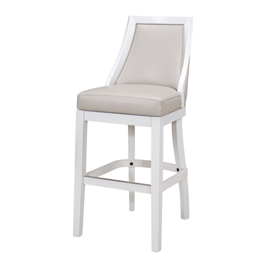 31" Gray And White Faux Leather And Solid Wood Bar Height Swivel Bar Chair - Loft&Timber
