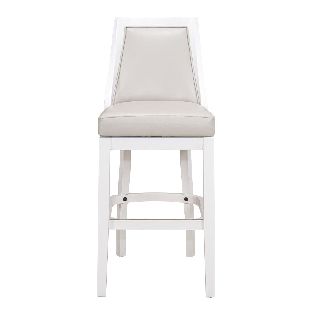 31" Gray And White Faux Leather And Solid Wood Bar Height Swivel Bar Chair - Loft&Timber