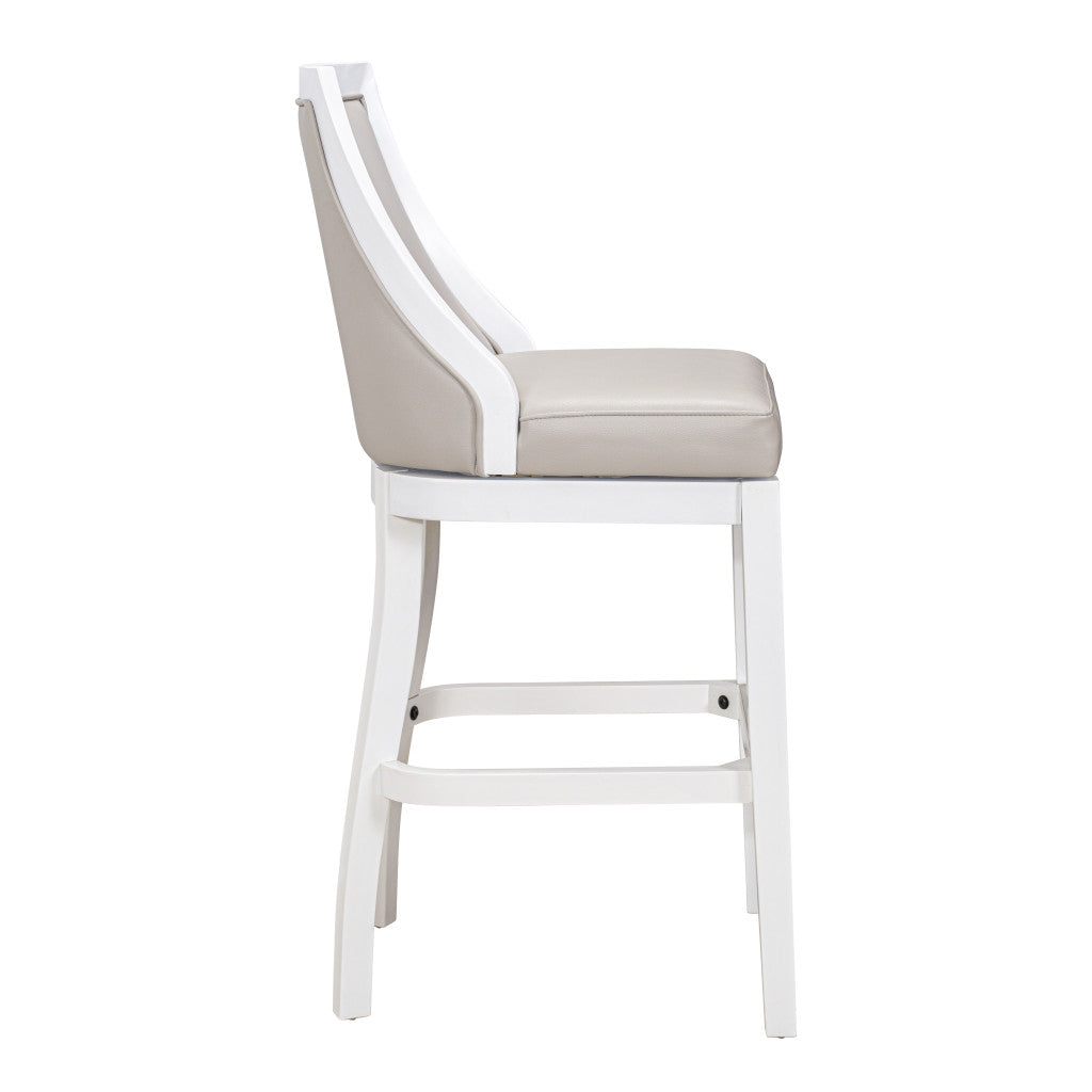 31" Gray And White Faux Leather And Solid Wood Bar Height Swivel Bar Chair - Loft&Timber