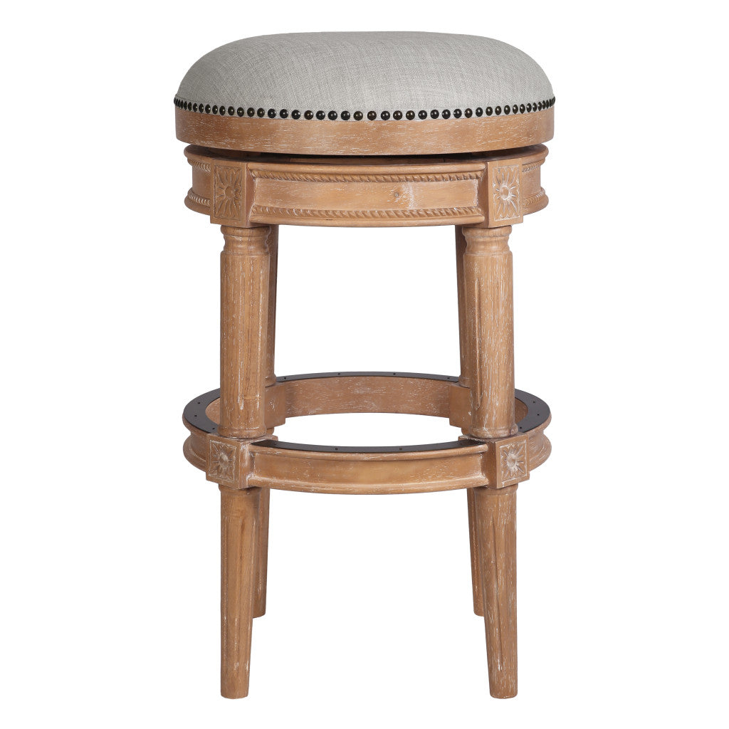 31" Beige And Natural Solid Wood Swivel Backless Bar Height Bar Chair - Loft&Timber