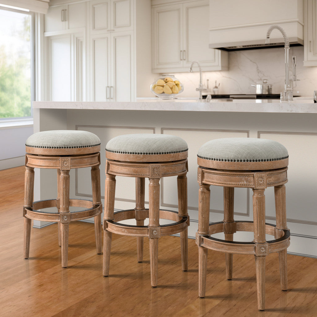 31" Beige And Natural Solid Wood Swivel Backless Bar Height Bar Chair - Loft&Timber