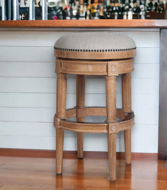 31" Beige And Natural Solid Wood Swivel Backless Bar Height Bar Chair - Loft&Timber