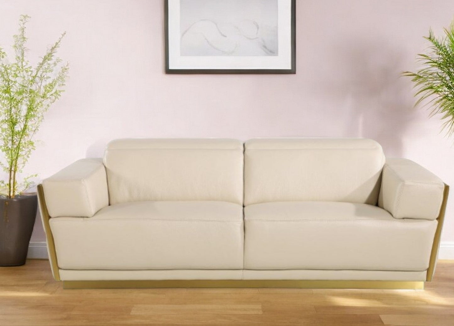 89" Beige And Gold Leather Sofa-0