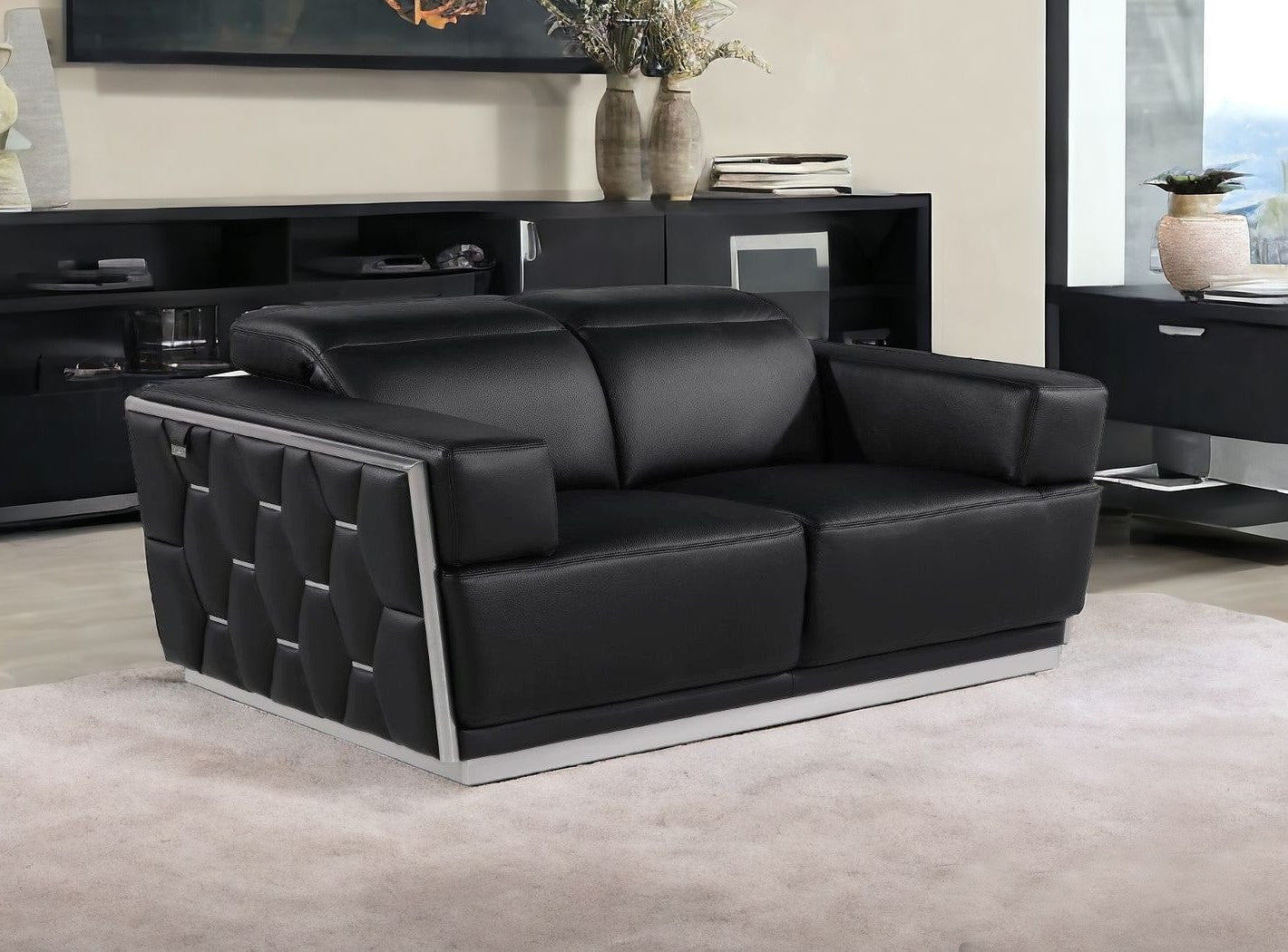 70" Black And Silver Italian Leather Loveseat - Loft&Timber