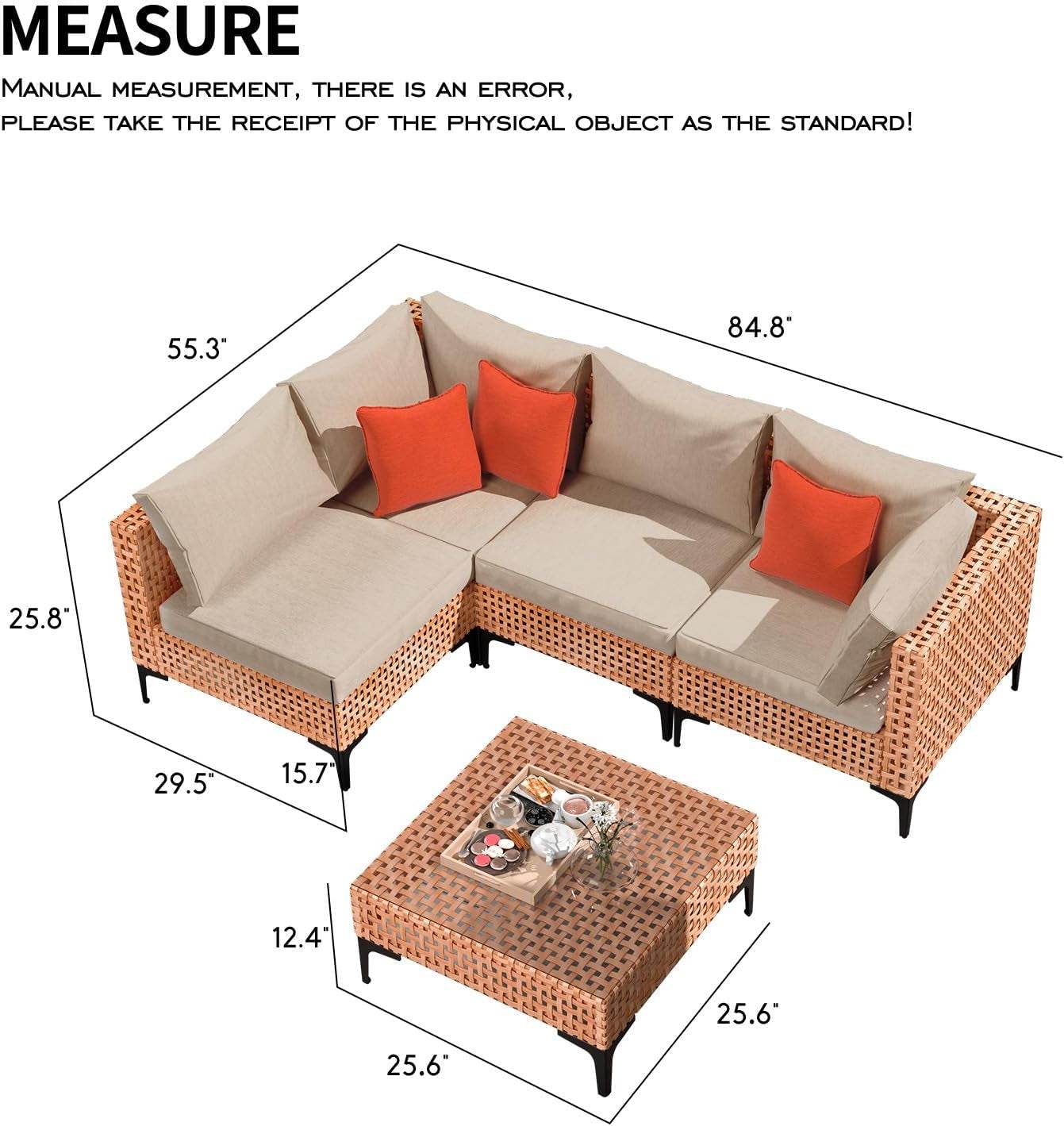 5 Piece Outdoor Patio Furniture Set Modular Outdoor Furniture Set Wicker Outdoor Sectional Sofa with Cushions and Table Patio Set for Balcony Porch Deck Yard ( (Salmon&Orange Wicker, Sand Cushion)) - Loft&Timber