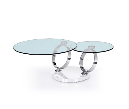 32" Clear White and Silver Glass And Metal Round Abstract Coffee Table - Loft&Timber